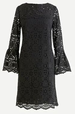 J.Crew Scallop-Trim Eyelet Popover Bell Sleeve Dress in Black, Size 16-NWT